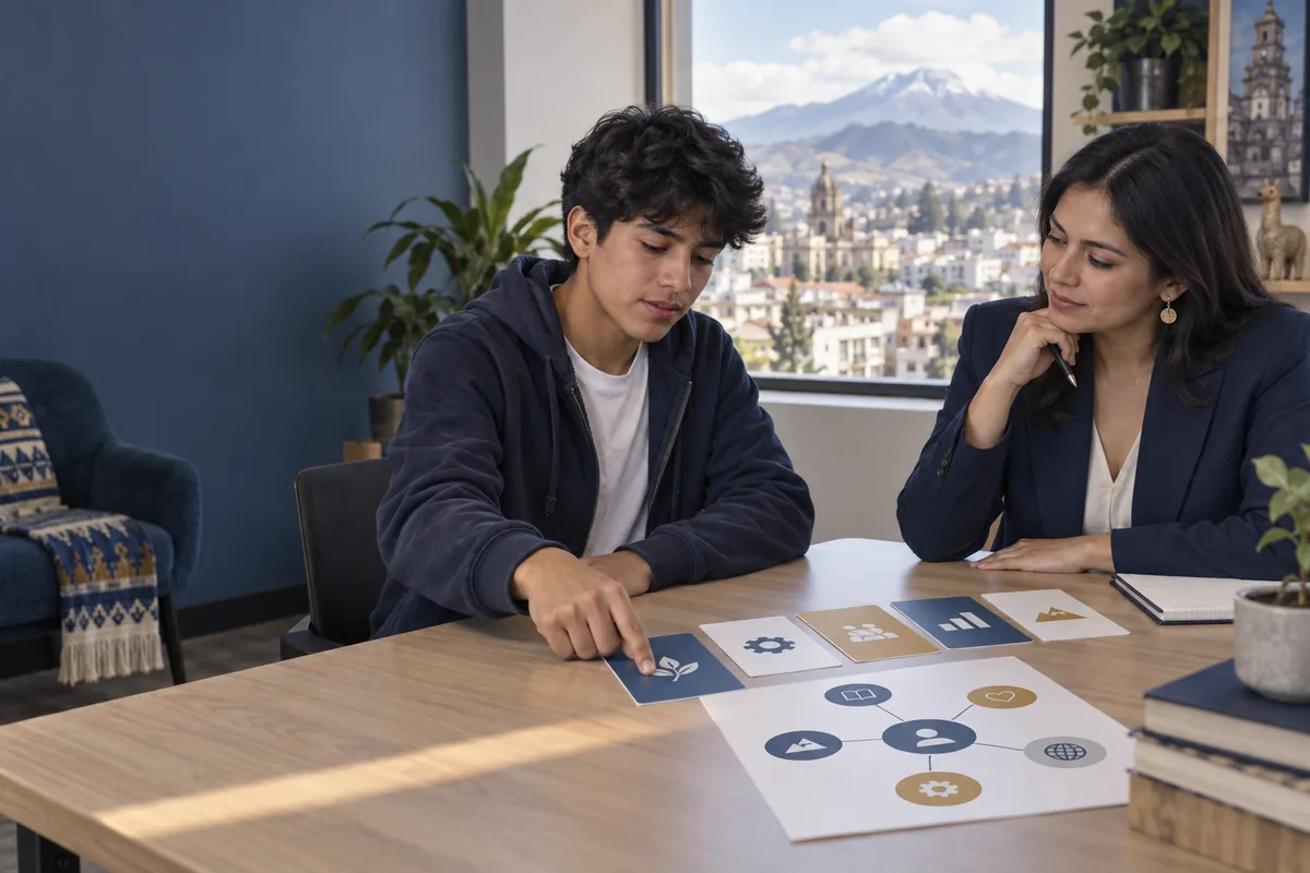Ilustración provisional de una estudiante revisando opciones profesionales con una orientadora.